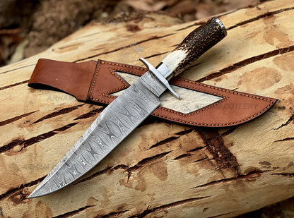 Damascus Steel Bowie Knife with Stag Handle and Leather Sheath Unique Blades Runner