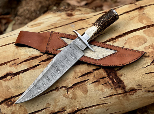 Damascus Steel Bowie Knife with Stag Handle and Leather Sheath Unique Blades Runner
