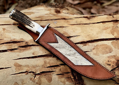 Damascus Steel Bowie Knife with Stag Handle and Leather Sheath Unique Blades Runner