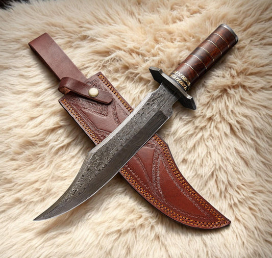 Damascus Steel Bowie Knife with Rose Wood Handle and Sheath Unique Blades Runner