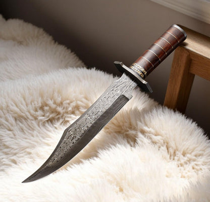 Damascus Steel Bowie Knife with Rose Wood Handle and Sheath Unique Blades Runner