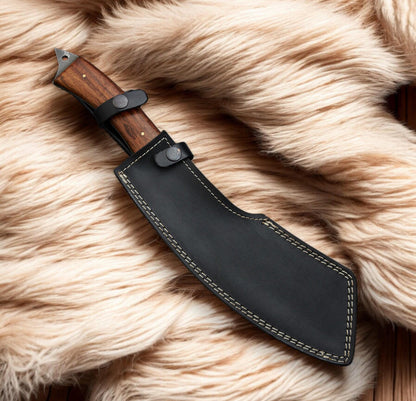 Damascus Steel Cleaver Knife with Wooden Handle and Filework Spine Unique Blades Runner
