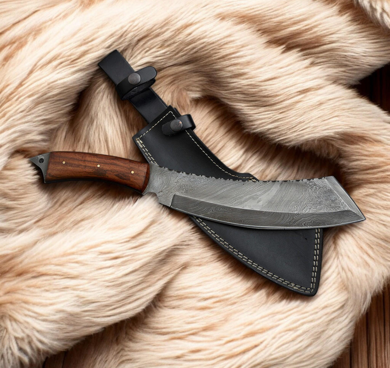 Damascus Steel Cleaver Knife with Wooden Handle and Filework Spine Unique Blades Runner