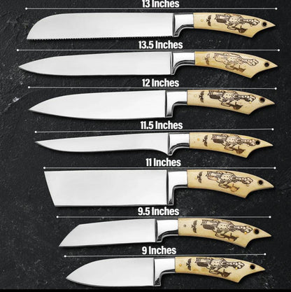 Custom Chef Knife Set with Engraved Bone Handles and Leather Roll Case Unique Blades Runner