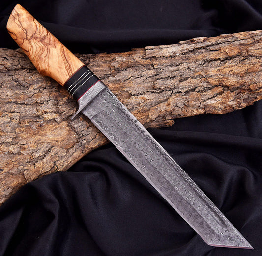 Damascus Steel Tanto Chef Knife – Handmade Tanto Blade with Olive Wood Handle Unique Blades Runner