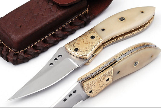 Handmade Folding Knife – Bone Handle & Brass Engraved Bolsters Unique Blades Runner