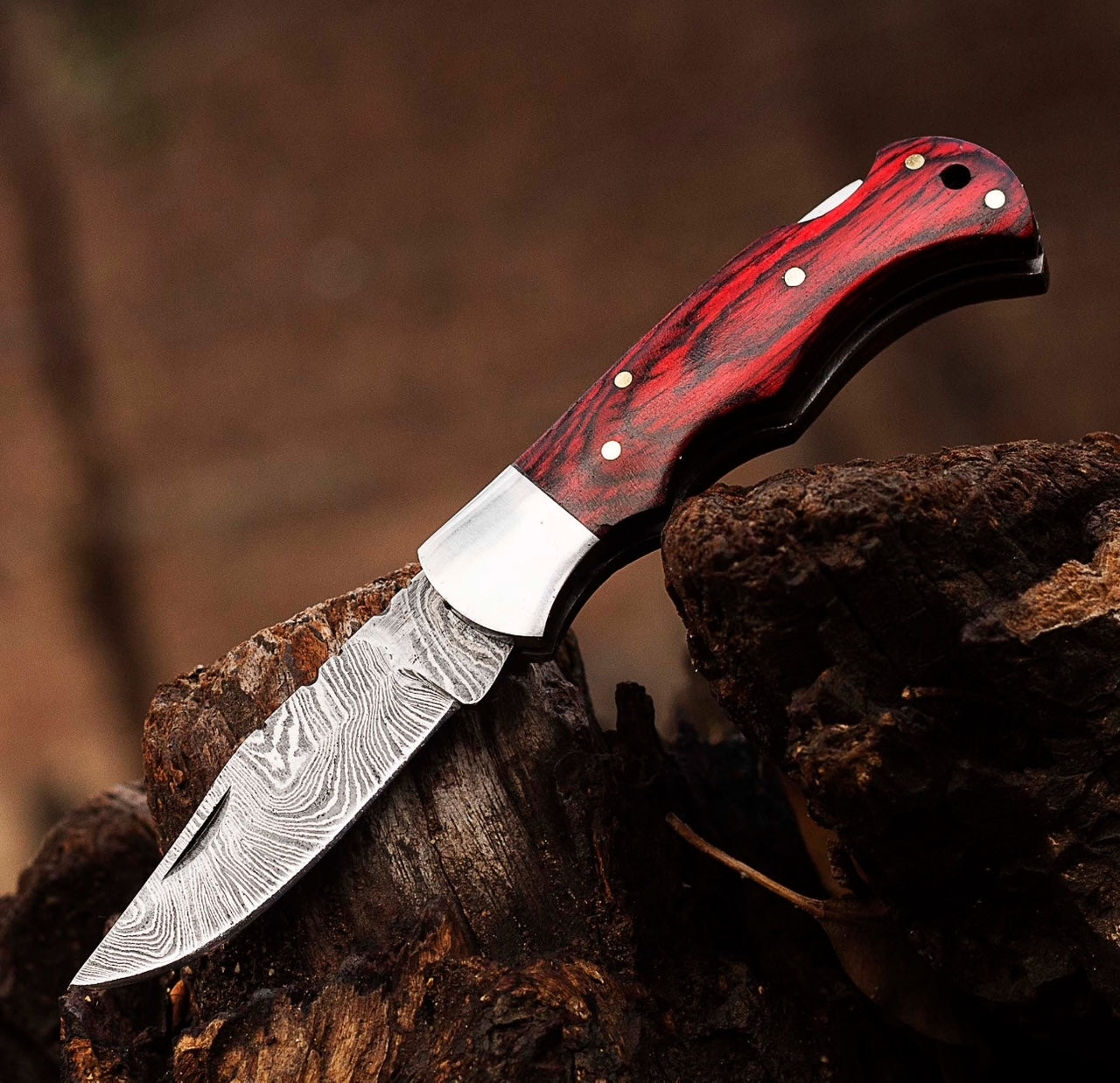 Damascus Folding Knife – Red Wood Handle Pocket Knife Unique Blades Runner