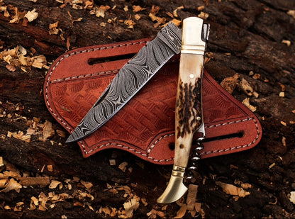 Damascus Pocket Knife – Stag Horn Folding Blade with Corkscrew Unique Blades Runner