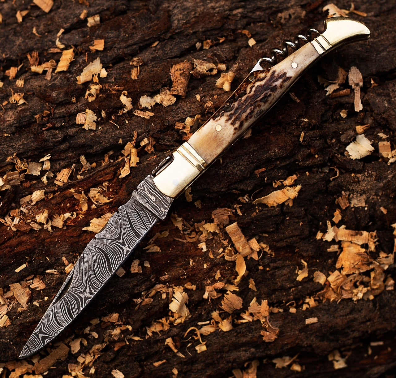 Damascus Pocket Knife – Stag Horn Folding Blade with Corkscrew Unique Blades Runner