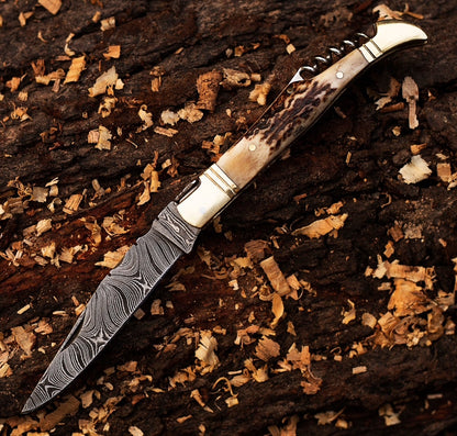 Damascus Pocket Knife – Stag Horn Folding Blade with Corkscrew Unique Blades Runner