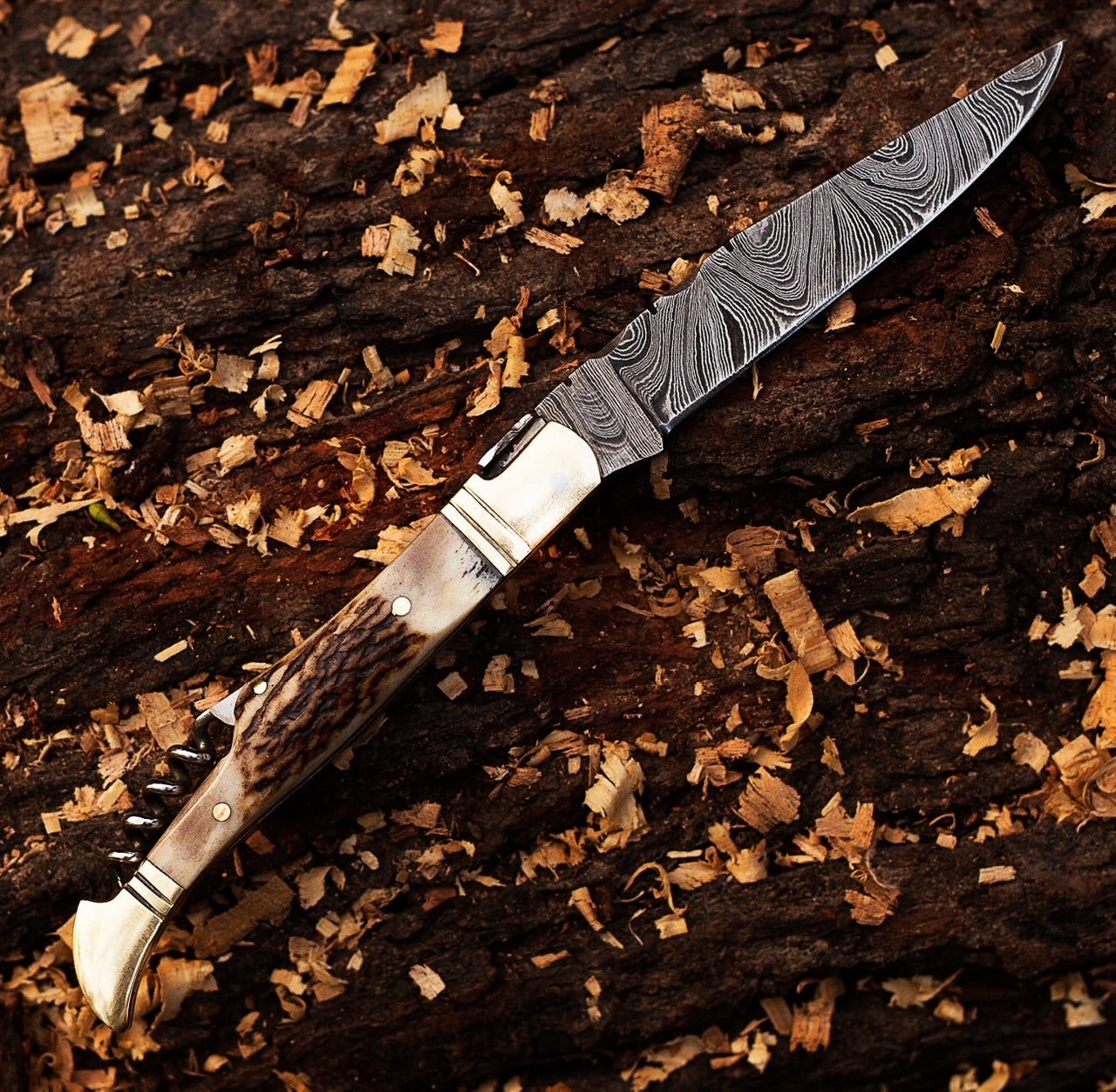 Damascus Pocket Knife – Stag Horn Folding Blade with Corkscrew Unique Blades Runner