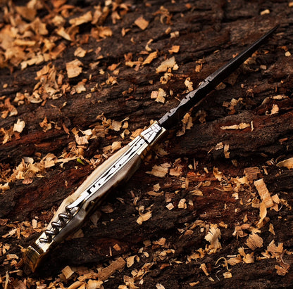 Damascus Pocket Knife – Stag Horn Folding Blade with Corkscrew Unique Blades Runner