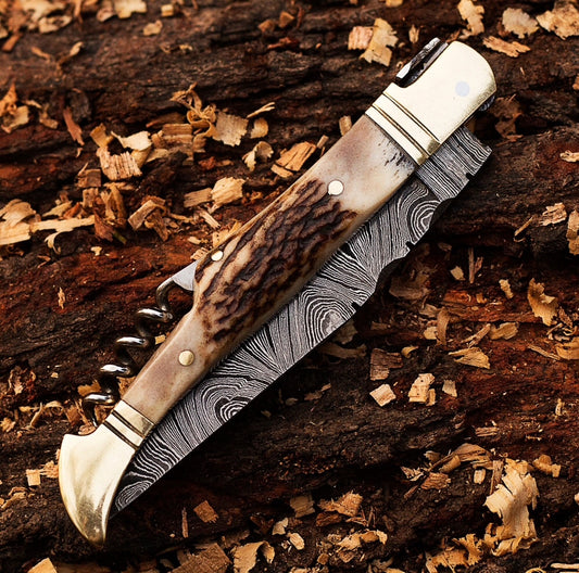 Damascus Pocket Knife – Stag Horn Folding Blade with Corkscrew Unique Blades Runner