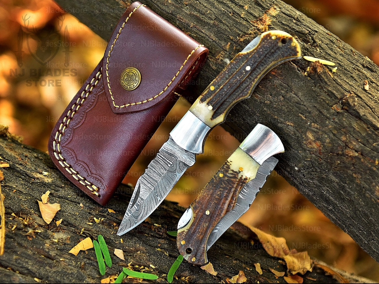 Damascus Folding Knife – Stag Horn Handle + Leather Sheath Set Unique Blades Runner
