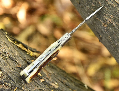 Damascus Folding Knife – Stag Horn Handle + Leather Sheath Set Unique Blades Runner