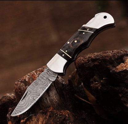 Damascus Steel Pocket Knife –  Steel & Horn Handle Folding Knife Unique Blades Runner