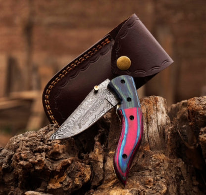Damascus Steel Folding Knife – Multicolor Wood Handle Pocket Knife Unique Blades Runner