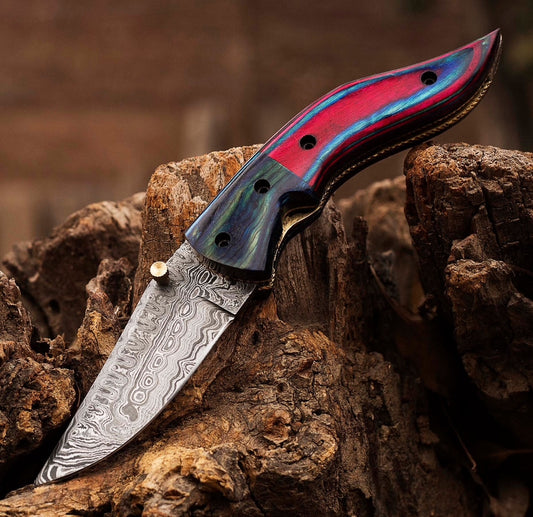 Damascus Steel Folding Knife – Multicolor Wood Handle Pocket Knife Unique Blades Runner