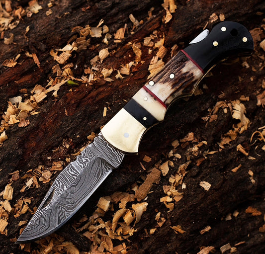 Damascus Steel Pocket Knife – Stag & Brass Handle Folding Knife Unique Blades Runner