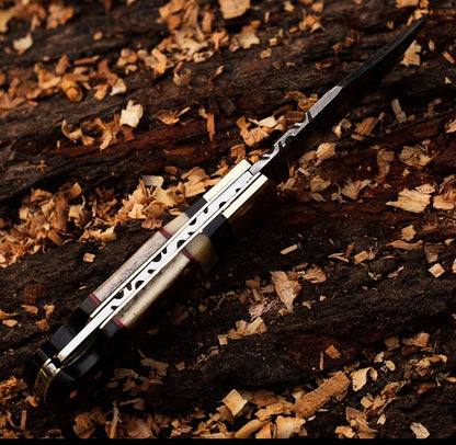 Damascus Steel Pocket Knife – Stag & Brass Handle Folding Knife Unique Blades Runner