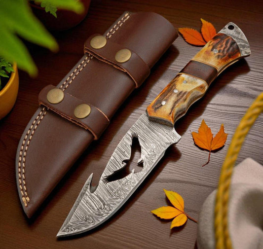 Damascus Hunting Knife with Stag Handle & Eagle Cutout Blade Unique Blades Runner
