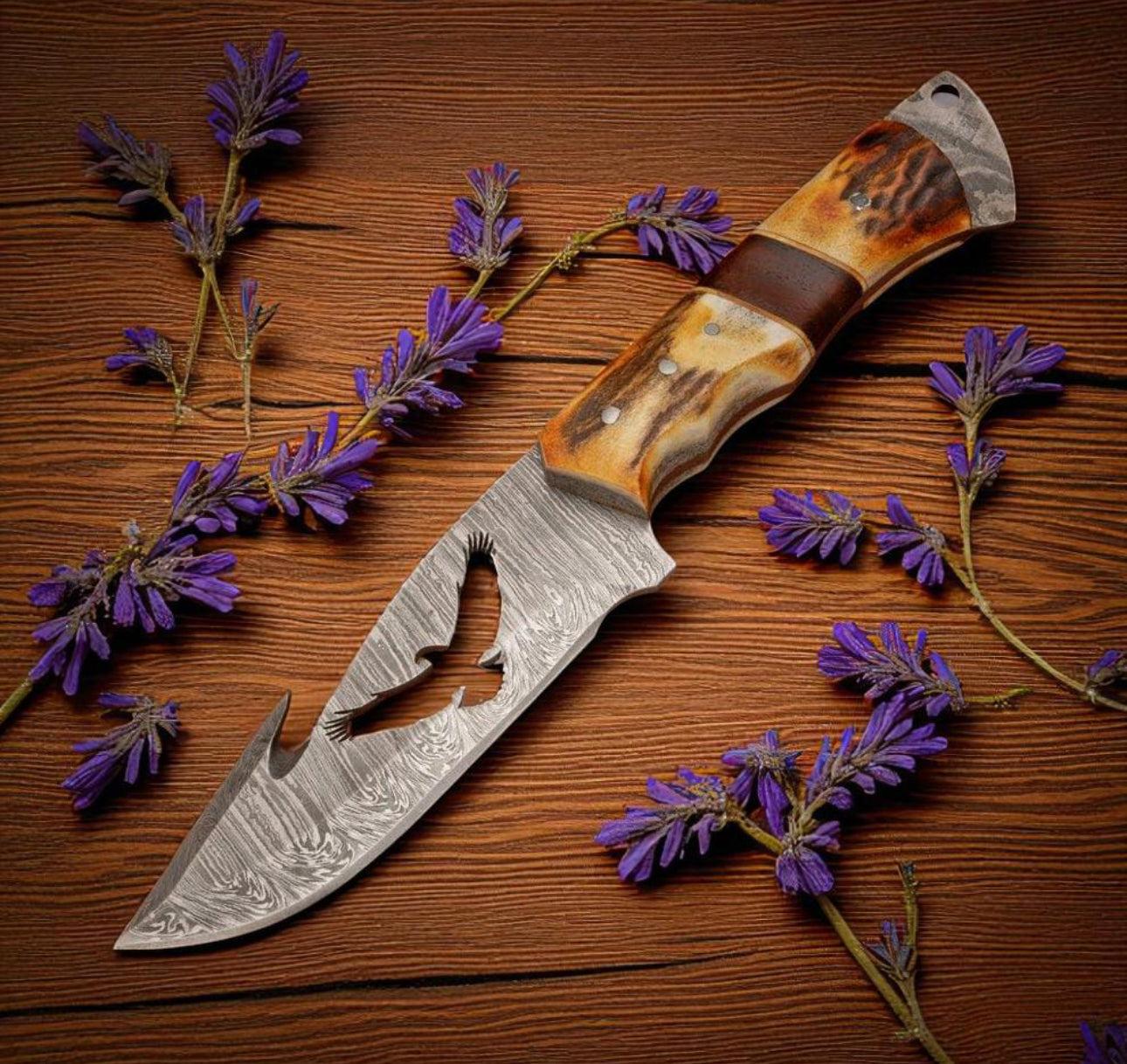 Damascus Hunting Knife with Stag Handle & Eagle Cutout Blade Unique Blades Runner