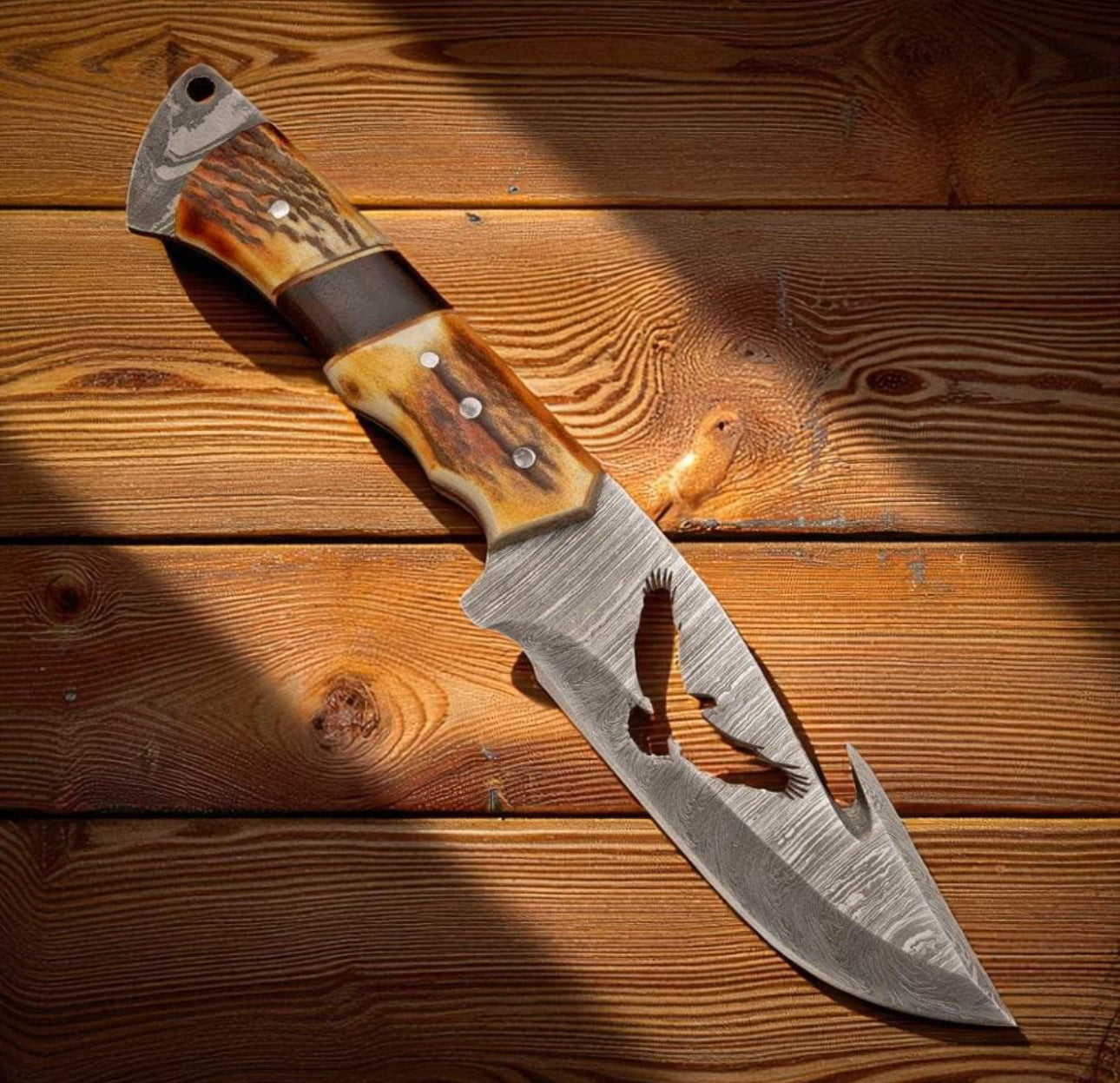 Damascus Hunting Knife with Stag Handle & Eagle Cutout Blade Unique Blades Runner
