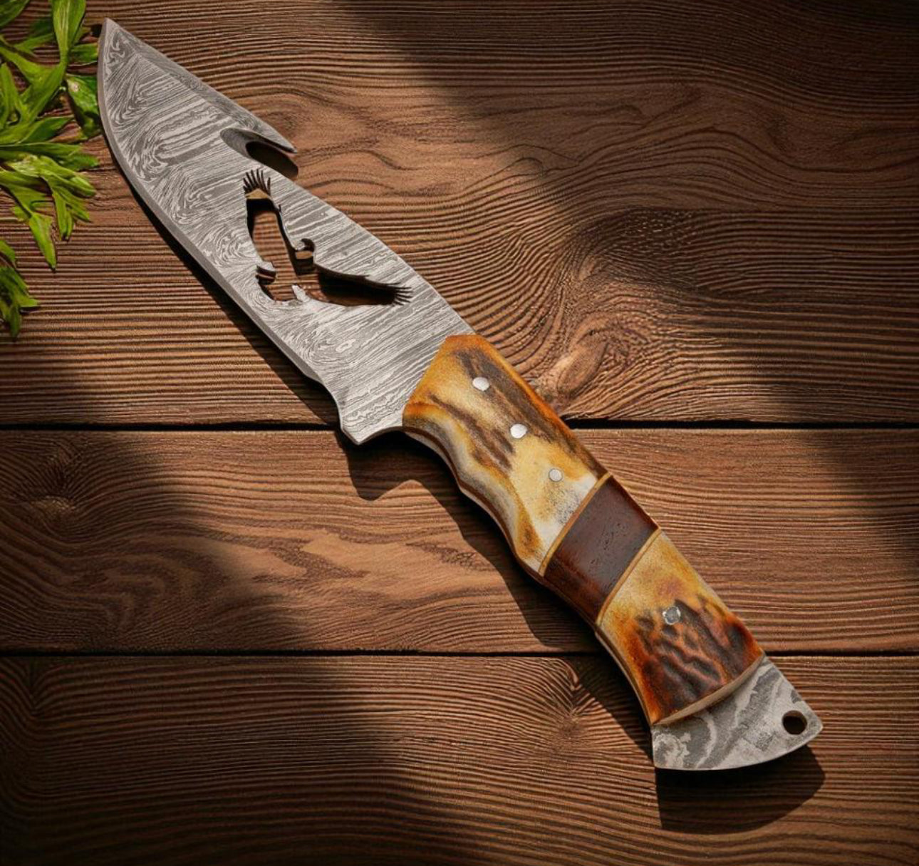 Damascus Hunting Knife with Stag Handle & Eagle Cutout Blade Unique Blades Runner
