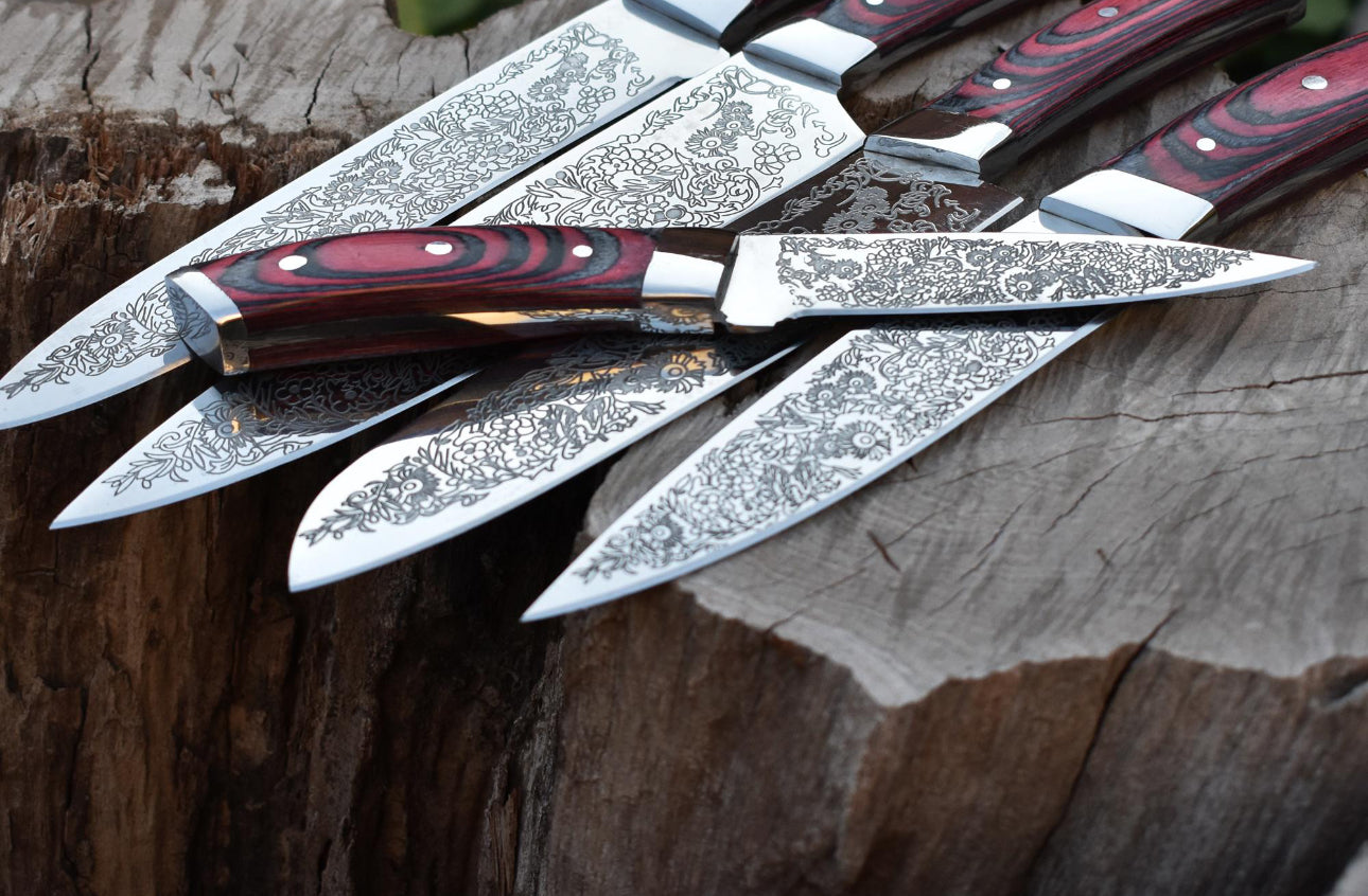 Custom Chef Knife Set with Floral Engraved Blades & Exotic Wood Handles Unique Blades Runner
