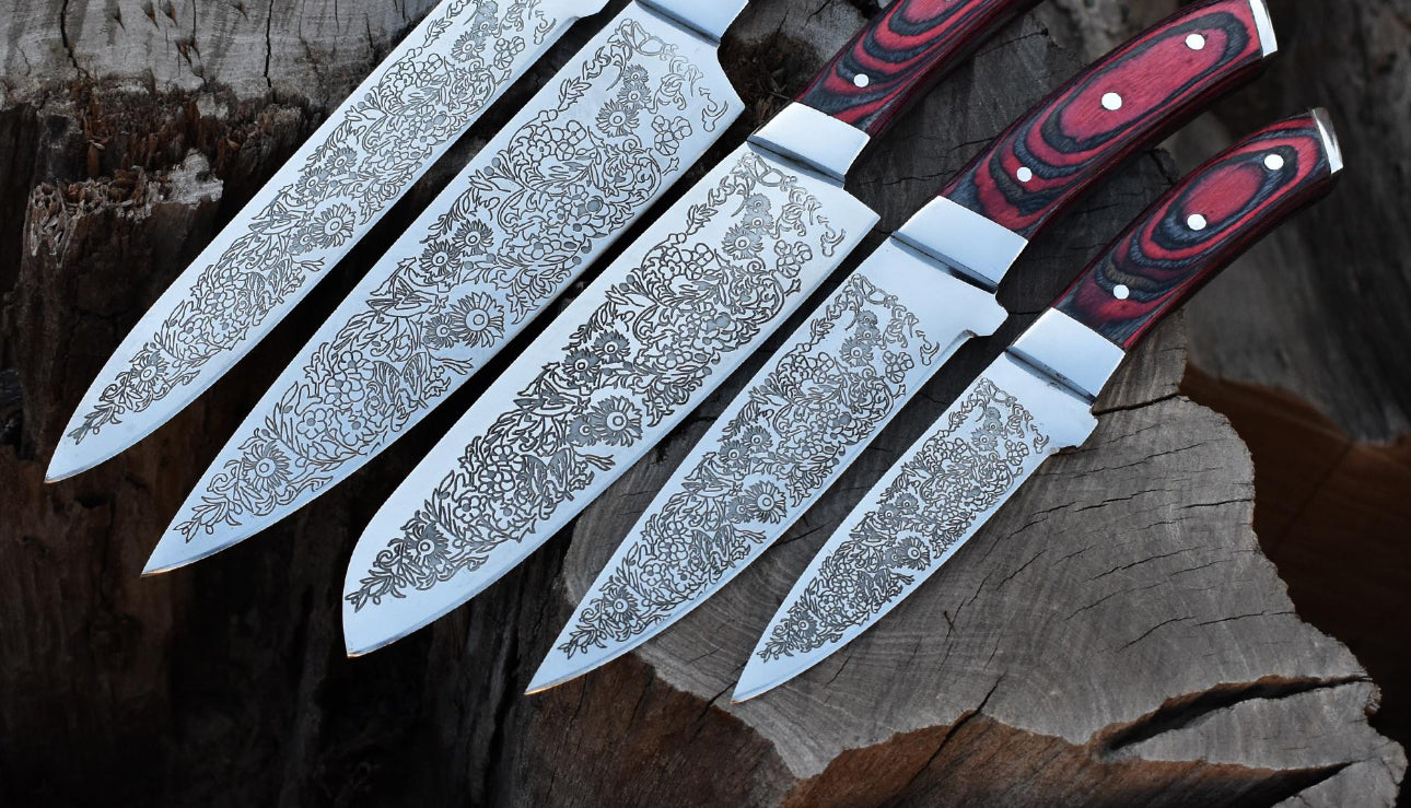 Custom Chef Knife Set with Floral Engraved Blades & Exotic Wood Handles Unique Blades Runner