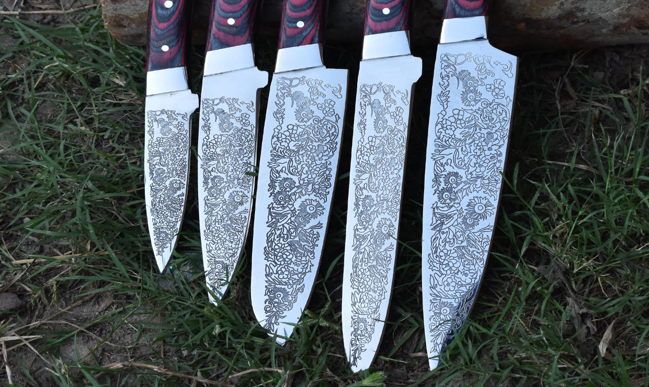 Custom Chef Knife Set with Floral Engraved Blades & Exotic Wood Handles Unique Blades Runner