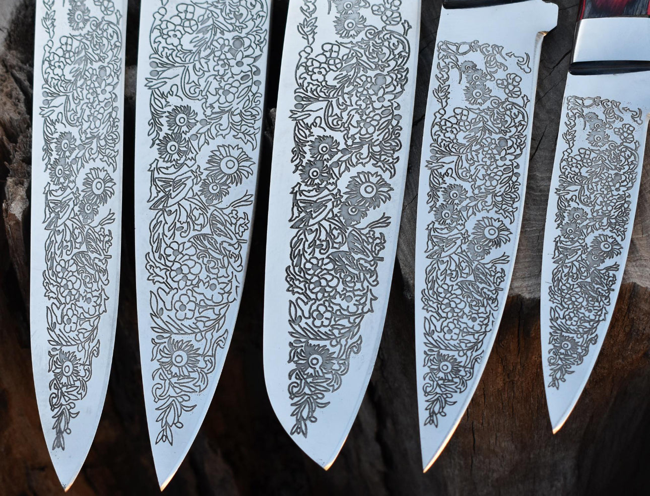 Custom Chef Knife Set with Floral Engraved Blades & Exotic Wood Handles Unique Blades Runner