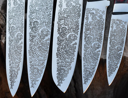 Custom Chef Knife Set with Floral Engraved Blades & Exotic Wood Handles Unique Blades Runner