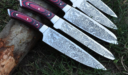 Custom Chef Knife Set with Floral Engraved Blades & Exotic Wood Handles Unique Blades Runner