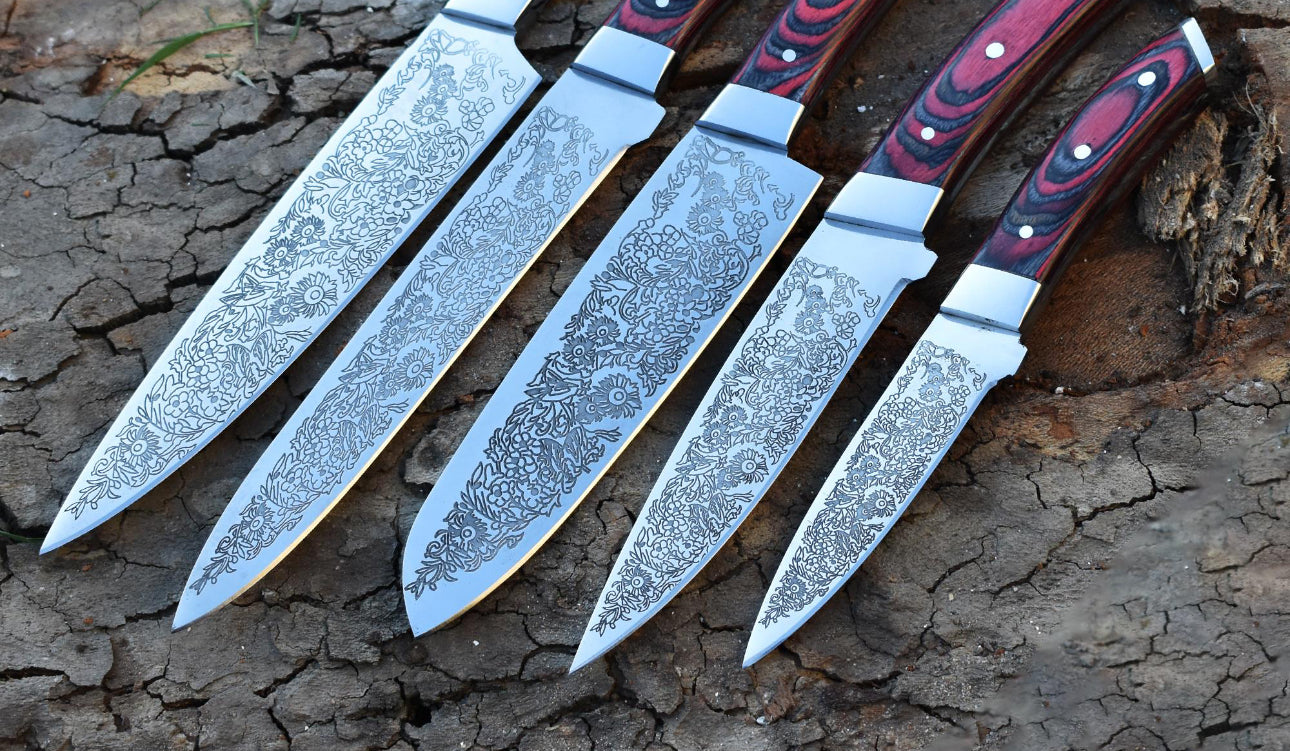 Custom Chef Knife Set with Floral Engraved Blades & Exotic Wood Handles Unique Blades Runner
