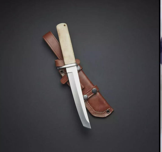 Hand-Forged Japanese Tanto Knife with Bone Handle & Leather Sheath Unique Blades Runner