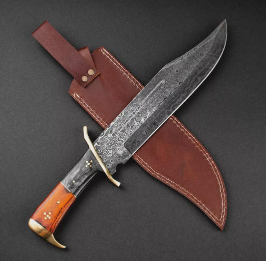 Custom Damascus Steel Bowie Knife with Brass Guard & Leather Sheath Unique Blades Runner
