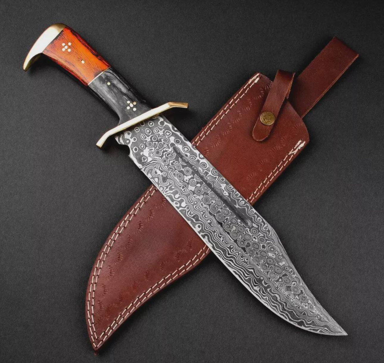 Custom Damascus Steel Bowie Knife with Brass Guard & Leather Sheath Unique Blades Runner