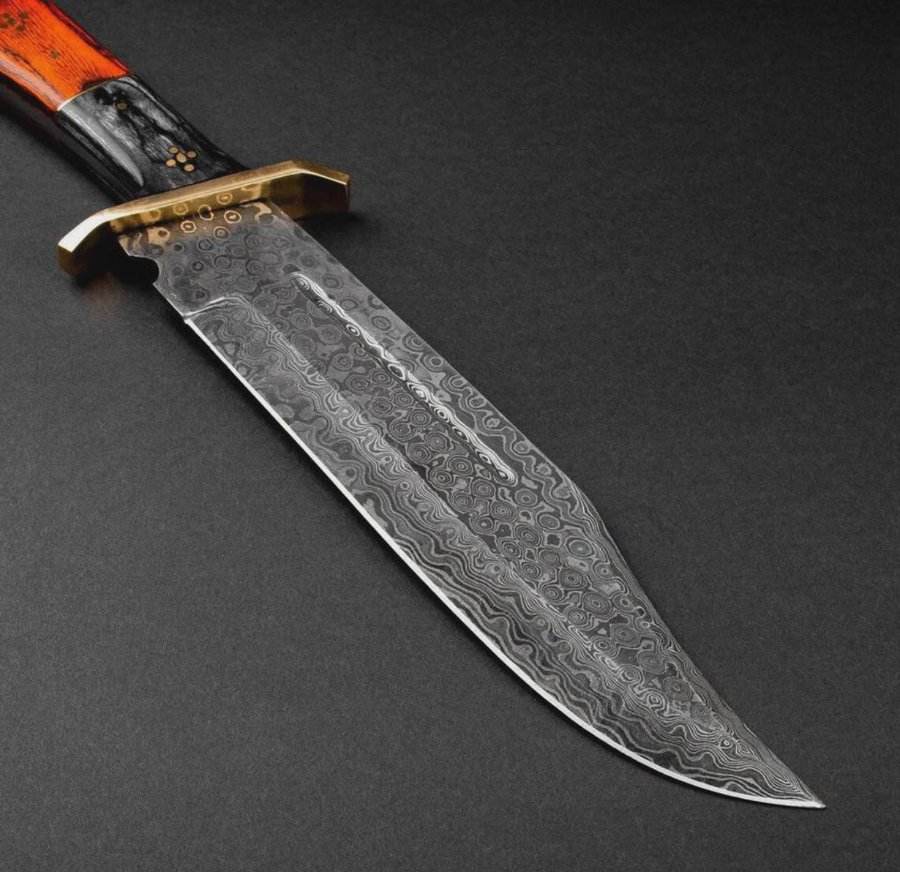 Custom Damascus Steel Bowie Knife with Brass Guard & Leather Sheath Unique Blades Runner