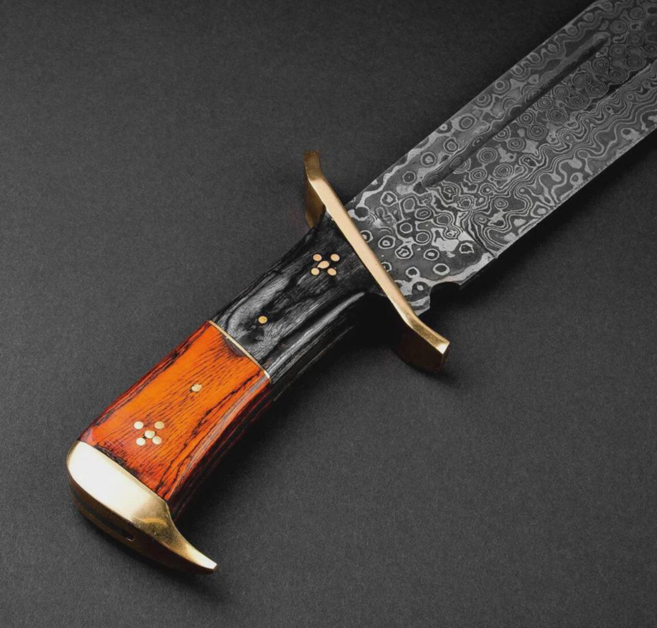 Custom Damascus Steel Bowie Knife with Brass Guard & Leather Sheath Unique Blades Runner