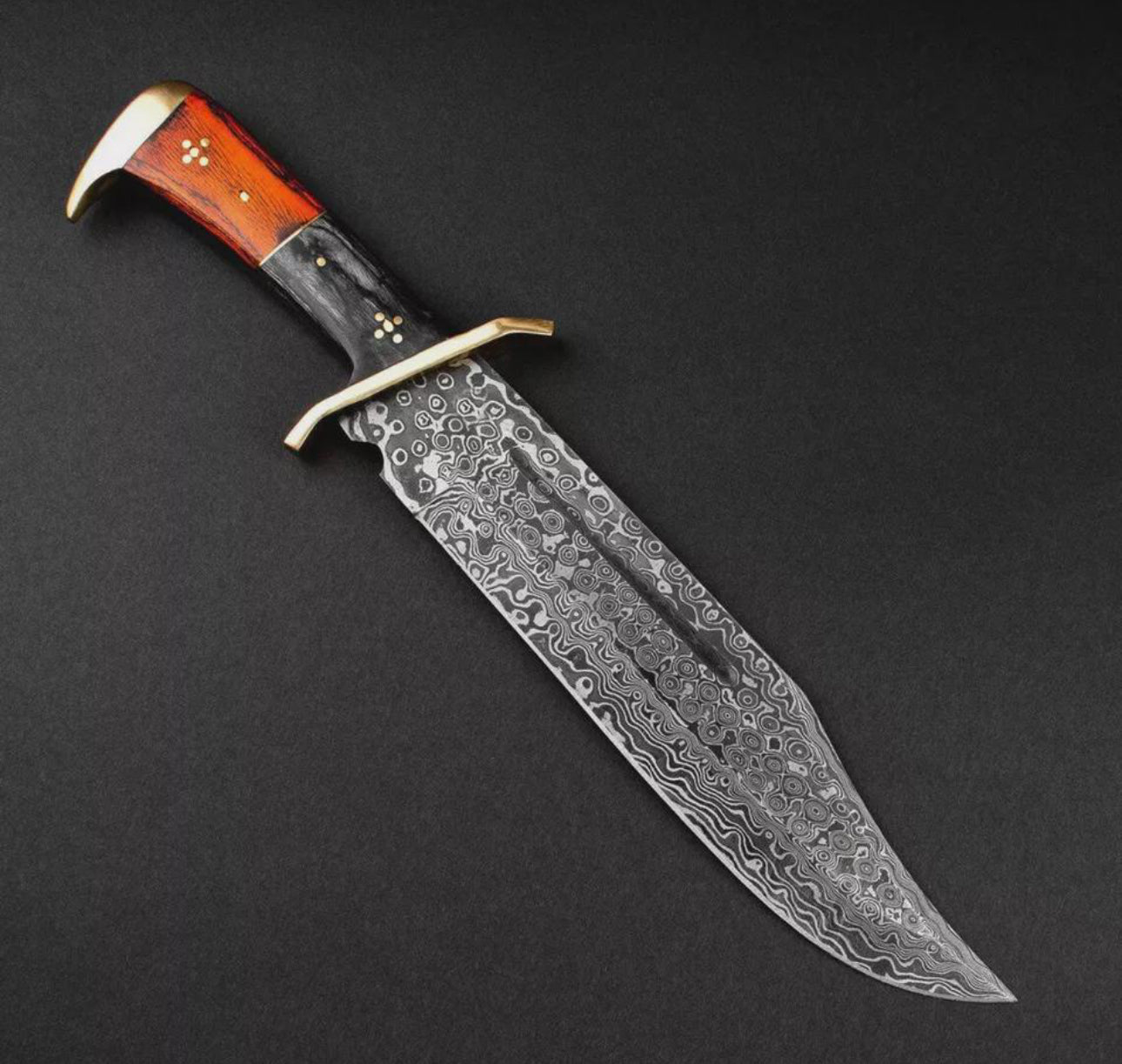 Custom Damascus Steel Bowie Knife with Brass Guard & Leather Sheath Unique Blades Runner