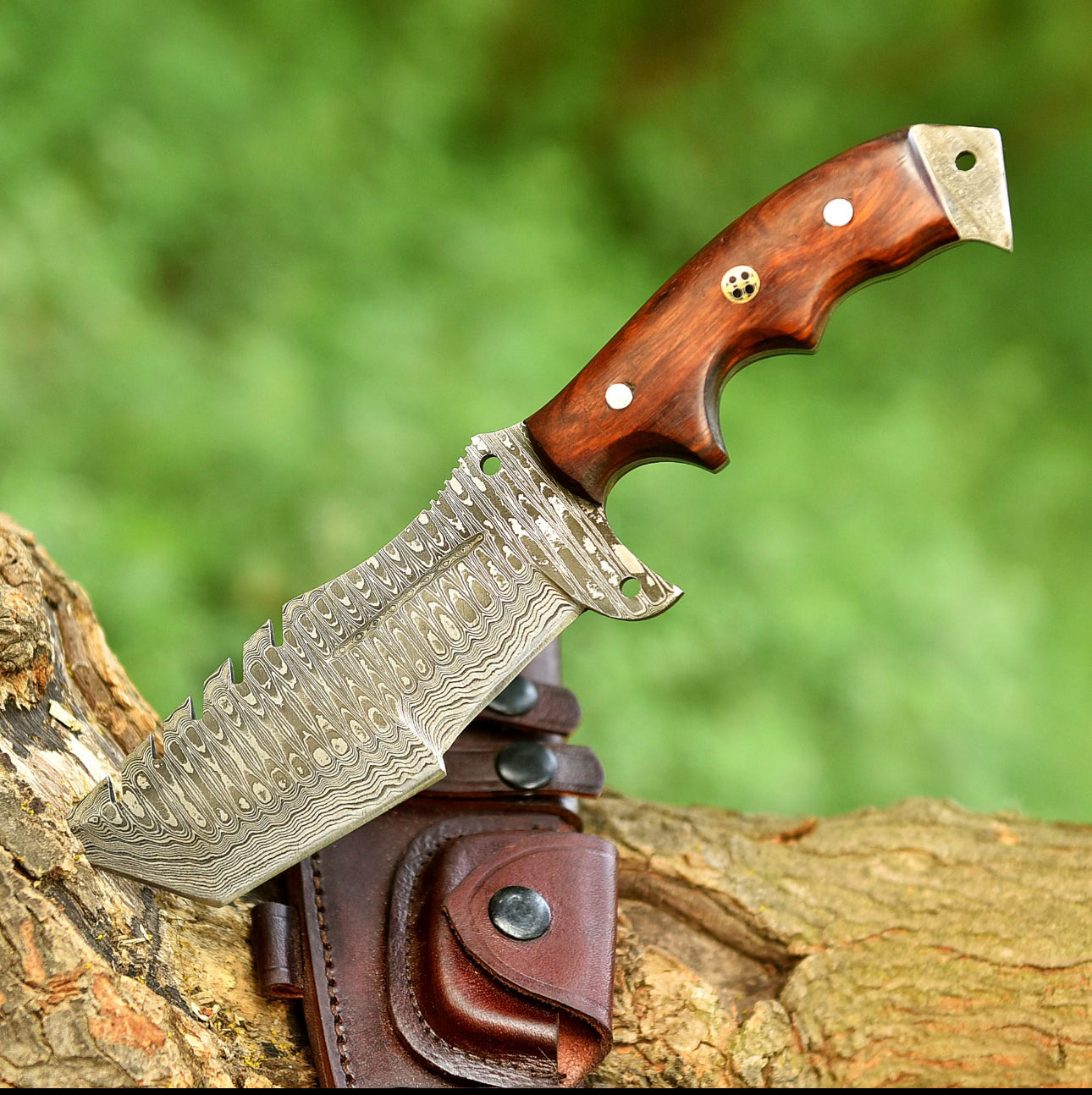Custom Handmade Damascus Steel Tracker Knife – Wooden Handle with Mosaic Pin Unique Blades Runner