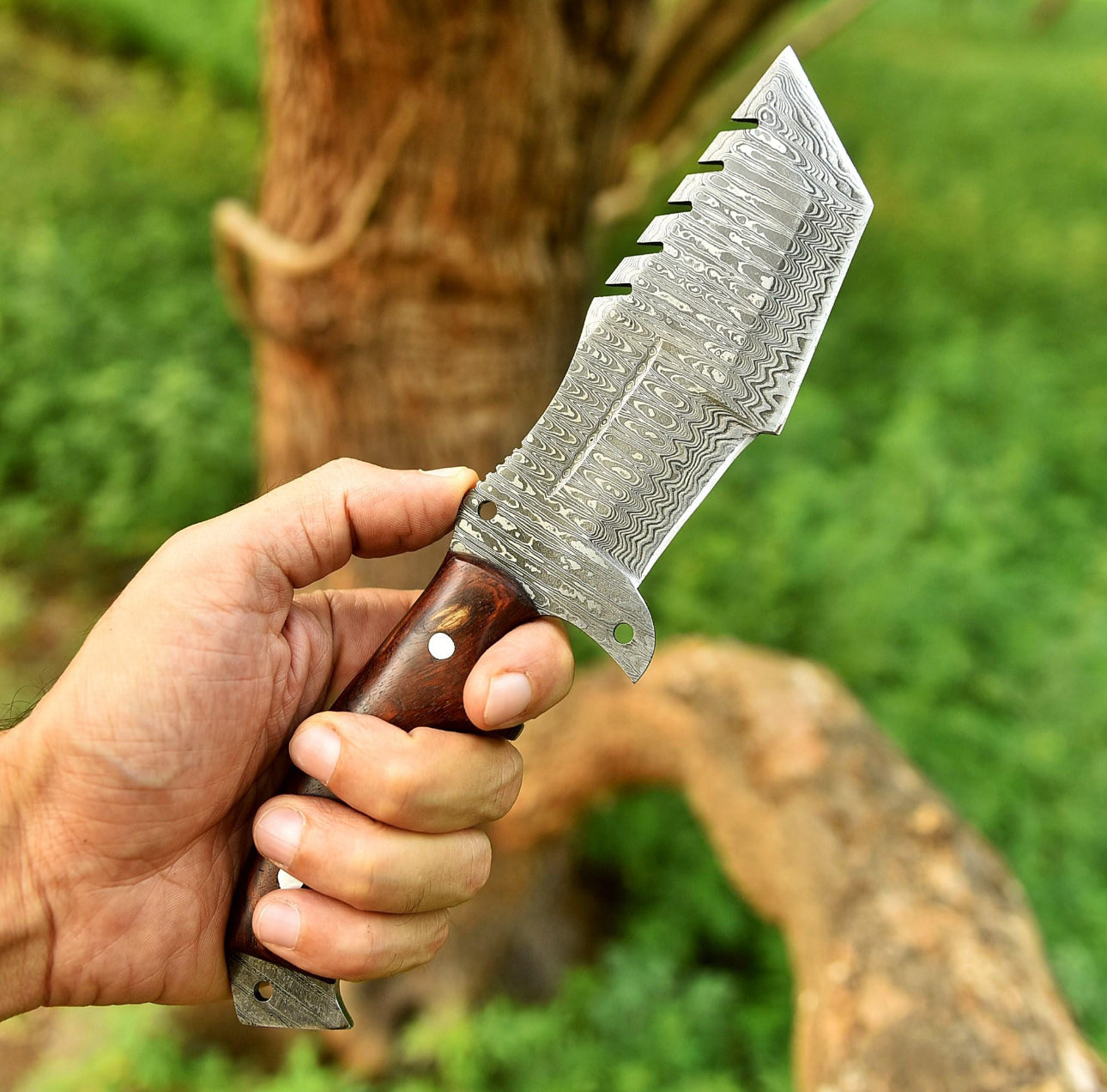Custom Handmade Damascus Steel Tracker Knife – Wooden Handle with Mosaic Pin Unique Blades Runner