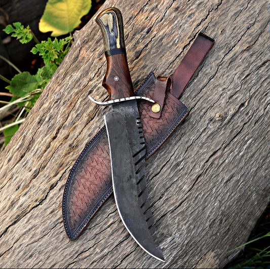 Hand-Forged Survival Bowie Knife with Sawback & Leather Sheath Unique Blades Runner