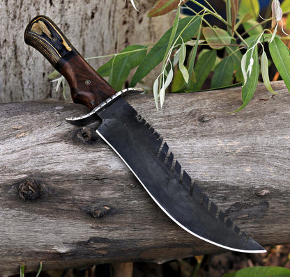Hand-Forged Survival Bowie Knife with Sawback & Leather Sheath Unique Blades Runner