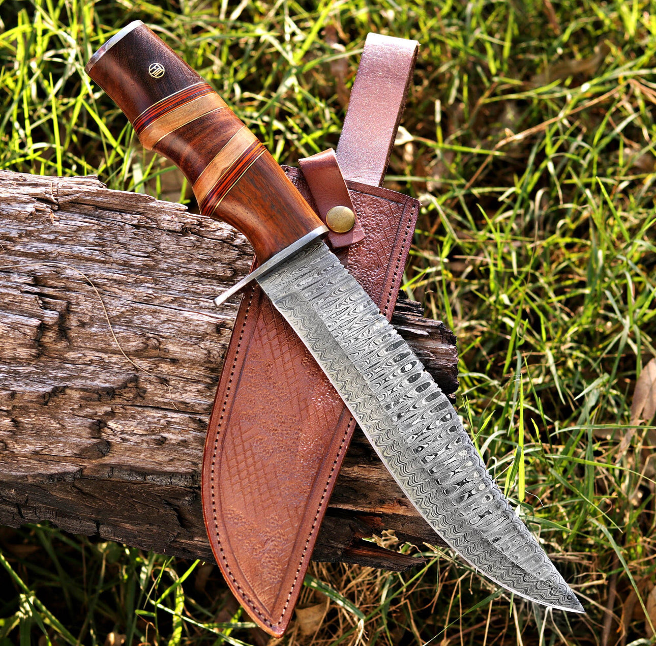 Custom Damascus Bowie Knife with Stacked Wood Handle & Leather Sheath Unique Blades Runner