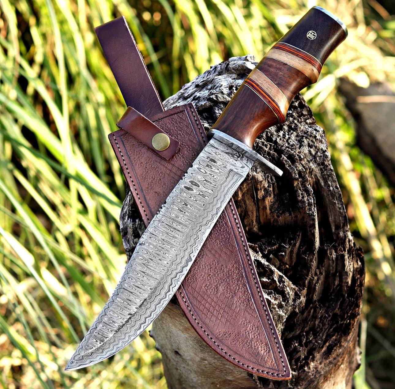 Custom Damascus Bowie Knife with Stacked Wood Handle & Leather Sheath Unique Blades Runner