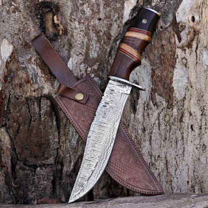 Custom Damascus Bowie Knife with Stacked Wood Handle & Leather Sheath Unique Blades Runner
