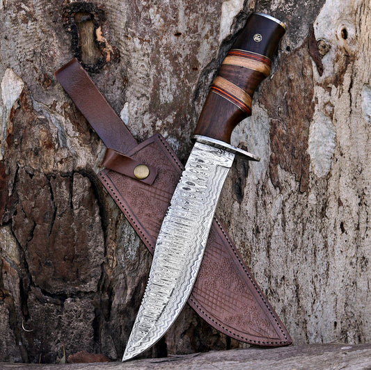 Custom Damascus Bowie Knife with Stacked Wood Handle & Leather Sheath Unique Blades Runner