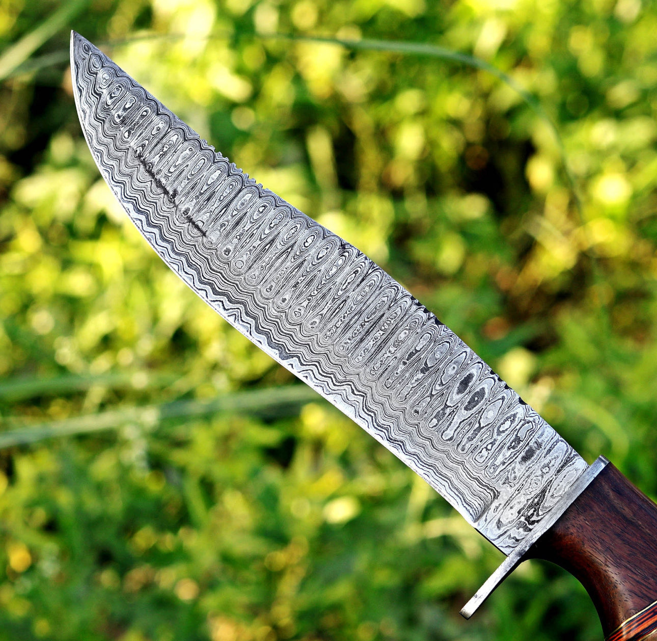 Custom Damascus Bowie Knife with Stacked Wood Handle & Leather Sheath Unique Blades Runner